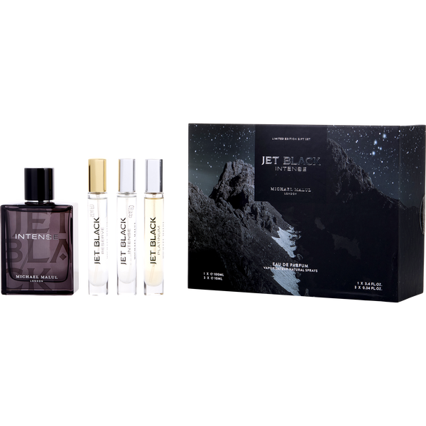 Michael Malul Variety by Michael Malul, Jet Black Intense Eau De Parfum Spray 3.4 oz & Eau De Parfum Spray 0.34 oz Mini & Jet Black Platinum Eau De Parfum Spray 0.34 oz Mini & Jet Balck Reserve Eau De Parfum Spray 0.34 oz Mini