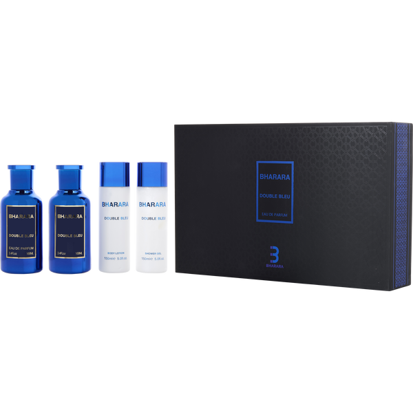 Bharara Double Bleu by Bharara, Eau De Parfum Spray 3.4 oz & Aftershave Spray 3.4 oz & Body Lotion 5 oz & Shower Gel 5 oz