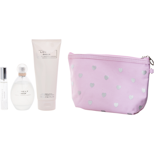 Lovely Sheer Sarah Jessica Parker by Sarah Jessica Parker, Eau De Parfum Spray 3.4 oz & Body Lotion 6.7 oz & Eau De Parfum Pen Spray 0.51 oz Mini & Bag