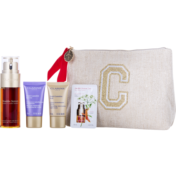 Clarins by Clarins, Double Serum And Nutri-Lumiere Collection: Double Serum Anti-Aging + Anti-Wrinkle Serum 1.6oz + Nutri-Lumière Revive 0.5oz + Nutri-Lumière Night Cream All Skin 0.5oz + Double Serum Eye 0.03oz --4pcs+Pouch