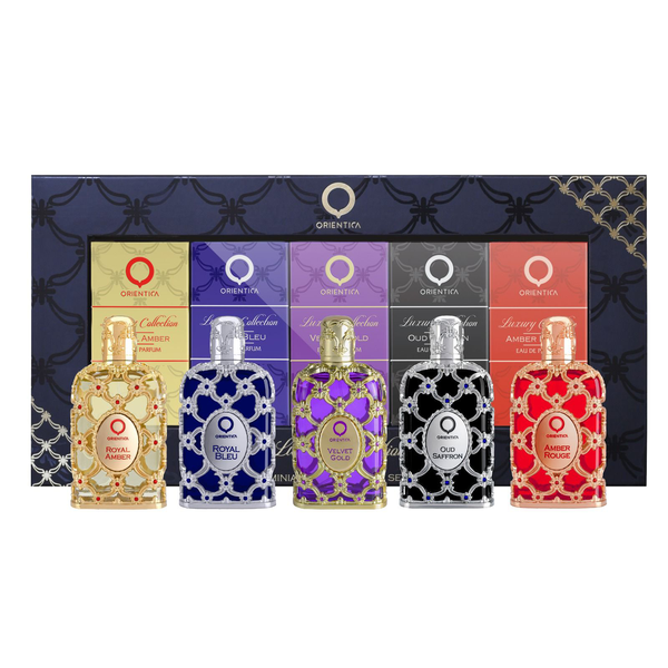 Orientica Variety by Orientica, Luxury Collection With Amber Rouge & Oud Saffron & Royal Amber & Royal Bleu & Velvet Gold And All Are Eau De Parfum 0.25 oz Mini