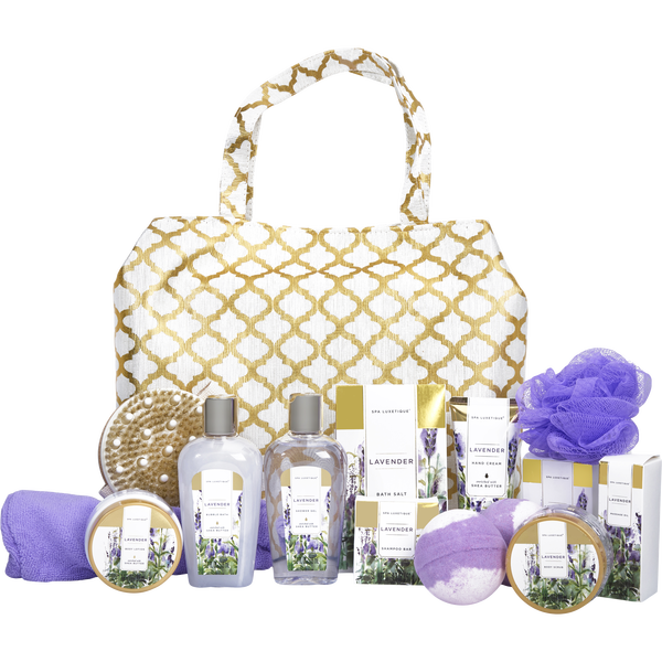 Spa Luxetique by Spa Luxetique, Lavender Fashion Bath Tote: Shower Gel + Bubble Bath + Bath Salt + Body Scrub + Hand Cream + Body Lotion + Massage Oil + Shampoo Bar + Soap + 2x Bath Bombs + Bath Loofah + Body Brush + Hair Drying Towel + Tote Bag --13pcs + Bag