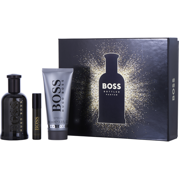 Boss Bottled by Hugo Boss, Parfum Spray 3.3 oz & Shower Gel 3.3 oz & Parfum Spray 0.3 oz Mini