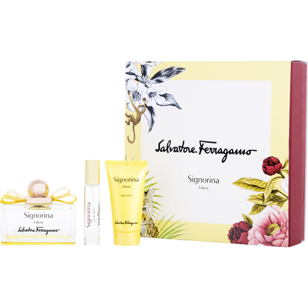 Signorina Libera by Salvatore Ferragamo, Eau De Parfum Spray 3.4 oz & Body Lotion 1.7 oz & Eau De Parfum Spray 0.34 oz Mini
