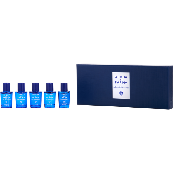 Acqua Di Parma Blu Mediterraneo Variety by Acqua Di Parma, 5 Piece Variety With Arancia Di Capri & Bergamotto Di Calabria & Fico Di Amalfi & Mirto Di Panarea & Mandorlo Di Sicilia And All Are Eau De Toilette 0.17 oz Mini