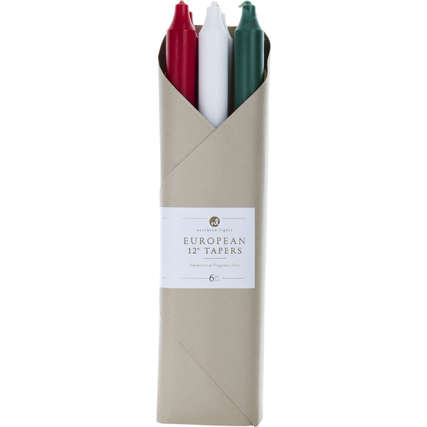 Mistletoe Tapers Combo Pack by Northern Lights, 12" Eurpoean Tapers (6 Pack- 2 Crimson, 2 Pure White, 2 Huter Green)