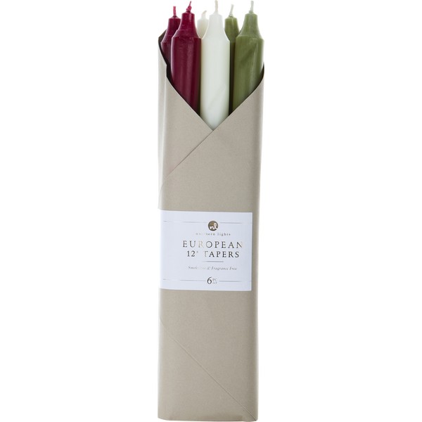 Country Christmas Tapers Combo Pack by Northern Lights, 12" Eurpoean Tapers (6 Pack- 2 Bordeaux, 2 Ivory, 2 Moss Green)