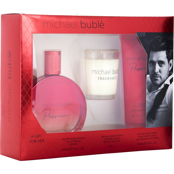 Michael Buble Passion by Michael Buble, Eau De Parfum Spray 3.4 oz & Body Lotion 3.4 oz & Candle