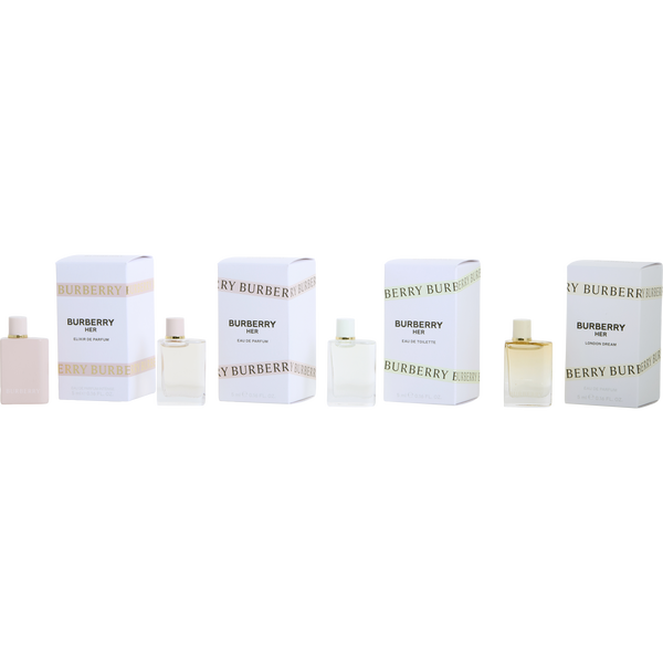 Burberry Variety by Burberry, 4 Piece Womens Variety With Burberry Her Eau De Parfum & Burberry Her Eau De Toilette & Her London Dream & Burberry Her Elixir And All Are 0.16 oz Minis