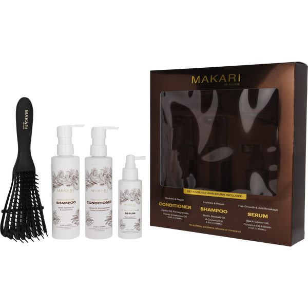 Makari by Makari De Suisse, Hydrate & Repair Set: Shampoo 8 oz & Conditioner 8 oz & Serum 4 oz & Detangling Brush