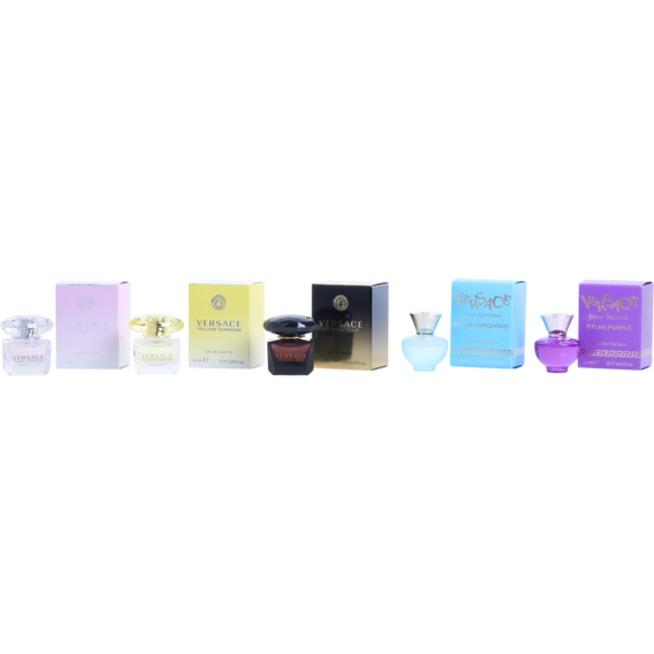 Versace Variety by Gianni Versace, 5 Piece Unisex Mini Variety With Dylan Turquoise & Bright Crystal & Yellow Diamond & Dylan Purple Pour Femme Eau De Parfum & Crystal Noir And All Are Eau De Toilette 0.17 oz Minis