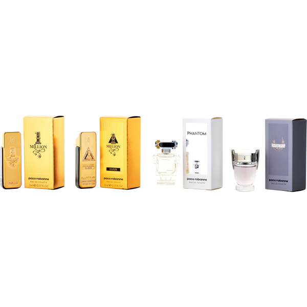 Paco Rabanne Variety by Paco Rabanne, 1 Million Eau De Toilette & 1 Million Elixir Parfum Intense & Invictus Eau De Toilette & Phantom Eau De Toilette And All Are 0.17 oz Minis