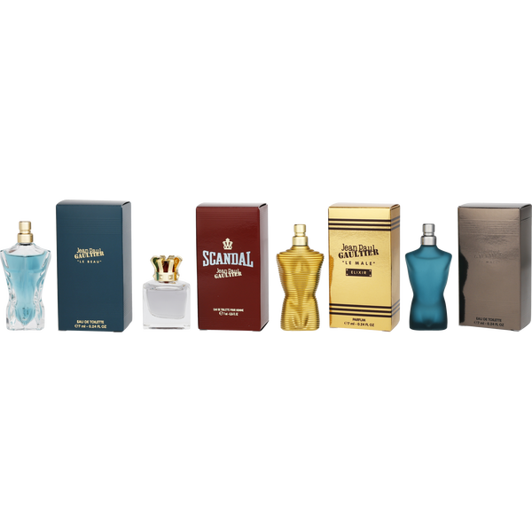 Jean Paul Gaultier Variety by Jean Paul Gaultier, 4 Piece Mini Variety With Jean Paul Gaultier & Scandal Eau De Toilette & Le Male Elixir Parfum & Le Beau Eau De Toilette And All Are 0.24 oz Minis, image 1 of 2