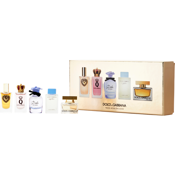 Dolce & Gabbana Variety by Dolce & Gabbana, 5 Piece Womens Mini Variety With Devotion Eau De Parfum & Q Eau De Parfum & Blue Jasmine Eau De Parfum & The One Eau De Parfum & Light Blue Eau De Toilette And All Are 0.15 oz Minis, image 1 of 2