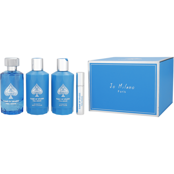 Jo Milano Game Of Spades Full House by Jo Milano, Eau De Parfum Spray 3.4 oz & Body Cleanser 6.8 oz & Body Cream 6.8 oz & Eau De Parfum Refillable Spray 0.27 oz Mini, image 1 of 2