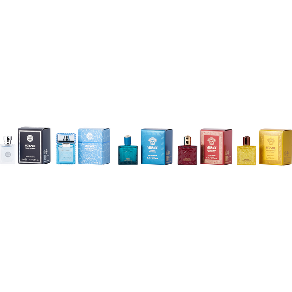Versace Variety by Gianni Versace, 5 Piece Mens Mini Variety With Eros Flame Eau De Parfum & Eros Eau De Toilette & Eros Energy & Man Eau Fraiche Eau De Toilette & Pour Homme Eau De Toilette And All 0.17 oz Mini, image 1 of 2