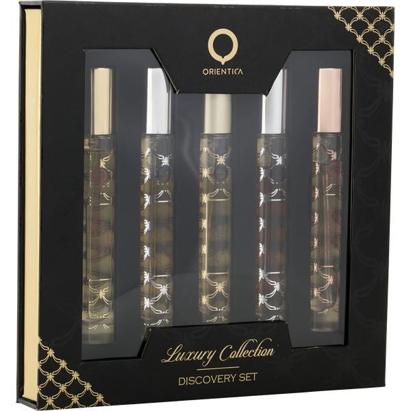 Orientica Variety by Orientica, Luxury Collection With Amber Rouge & Oud Saffron & Royal Amber & Royal Bleu & Velvet Gold And All Are Eau De Parfum Spray 0.33 oz Mini